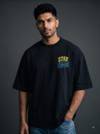 Stay Curious Oversized Black Cotton Printed Tshirt