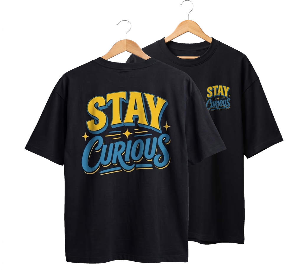 Stay Curious Oversized Black Cotton Printed Tshirt