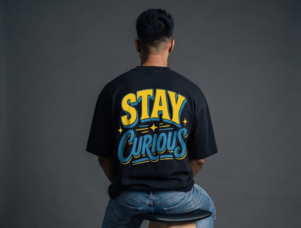 Stay Curious Oversized Black Cotton Printed Tshirt